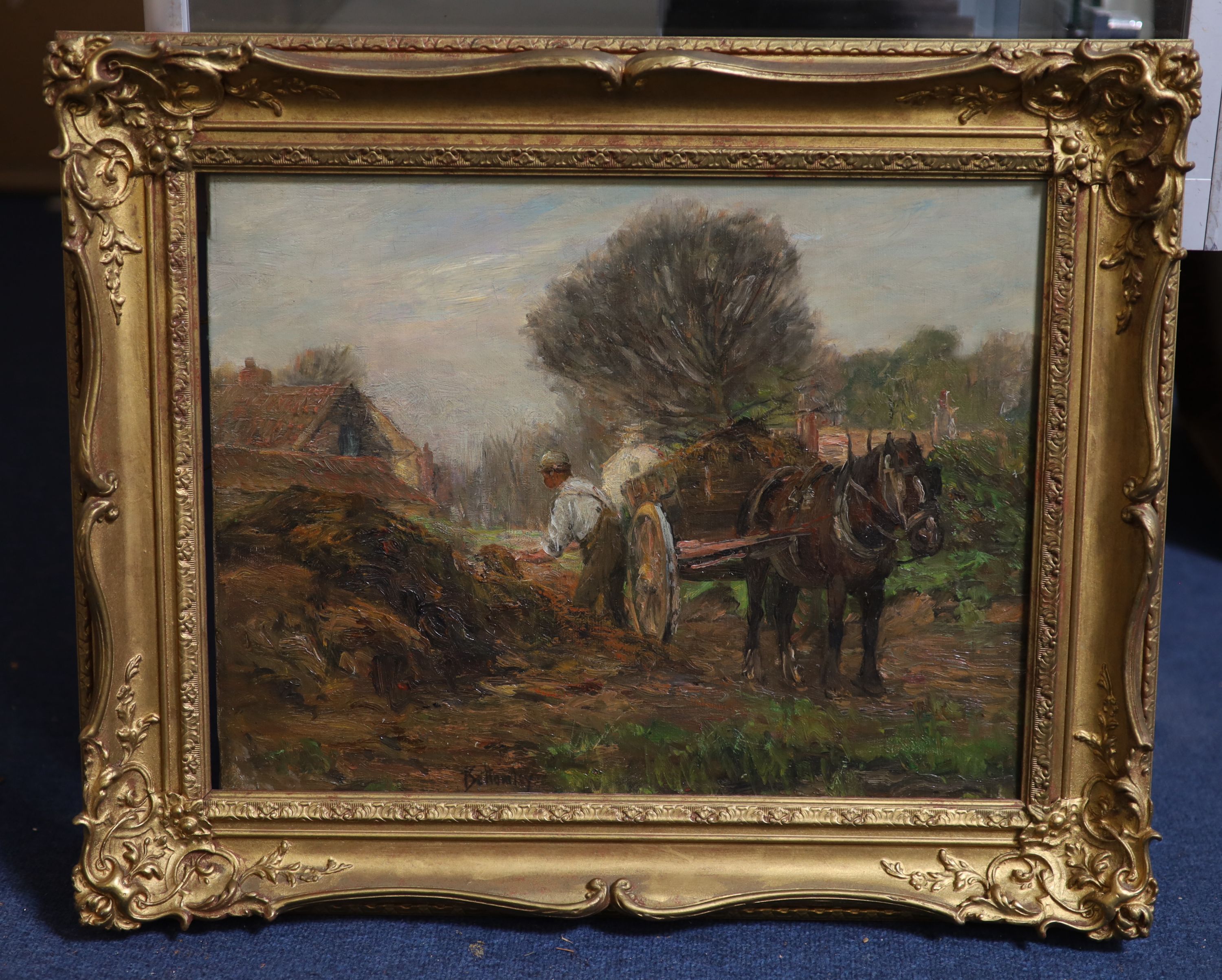 Albert Ernest Bottomley (1873-1950), Labourer loading a farm cart, Oil on canvas, 34 x 45 cm.